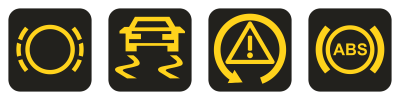 von links: Kontrollleuchten für Bremsbeläge, ESP und ABS